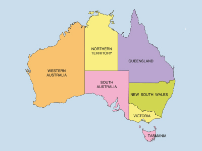 thematic map showing Australia's political boundaries