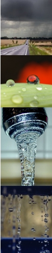 A series of four images showing water: rain, droplets on a leaf, running tap, water filtration. Click for more information about these images.
