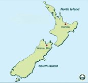 Map of New Zealand showing the location of Wairau Bar and Kohika