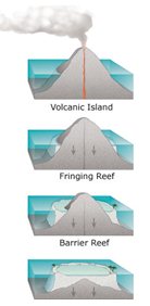 A sequence of diagrams showing how a volcanic island becomes an atoll.