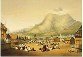 Painting of a Maori village or marae, including houses and palisades around it.