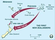 Map illustrating the likely route and years that Polynesians came to New Zealand.