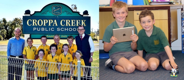 Connected: Northern Tablelands MP Adam Marshall with Croppa Creek Public School Principal Michael Sky and students 