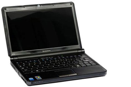 Open black laptop showing blank screen and keyboard.