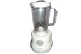 A white blender with a grey dial, a clear plastic bowl, a lid and a handle.