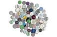A collection of buttons of different sizes and colours.