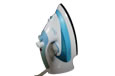 A blue and white electric steam iron that is sitting upright.