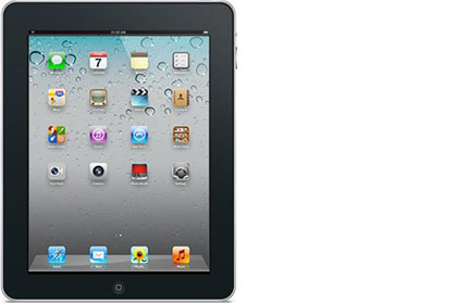 An iPad tablet device with screen showing icons for different functions and apps