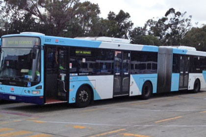 A blue and white bendy-bus with four wheels on the front section and two at the back. 