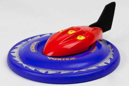 A blue and red hard plastic vortex with a black tail