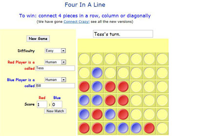 A computer game showing a board with six rows, each with seven holes. Red and blue counters are present in 19 holes. Players try to make a straight line with four of their counters