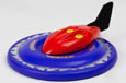 A blue and red hard plastic vortex with a black tail.