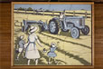 A wooden jigsaw puzzle showing a woman and two children running to a man on a tractor