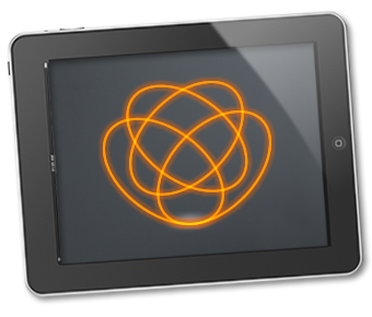 A tablet device displays four overlapping orange oval shapes.