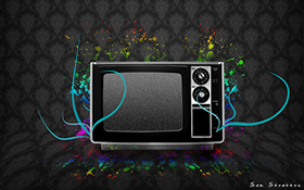 Stylised graphic of old style television with graphic colour splashes