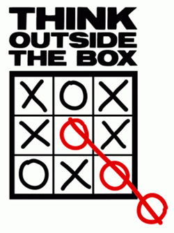 Image with the title "Think outside the box" showing a game of noughts and crosses won by adding a thrid nought outside the grid.