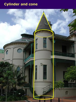 round corner of a house with a steep roof, cylinder and cone shapes highlighted