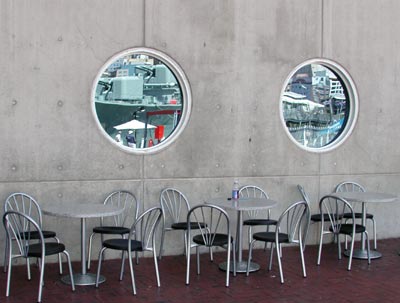 cafe seating near round windows