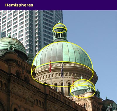 old building with copper domes, hemisphere shapes highlighted