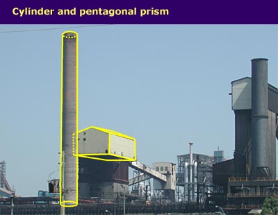 building and tall chimney, with pentagonal prism and cylinder shapes highlighted