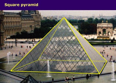 a large glass pyramid with a square pyramid outline highlighted