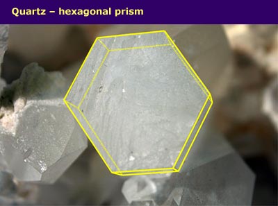 quartz crystal with hexagonal cross-section highlighted