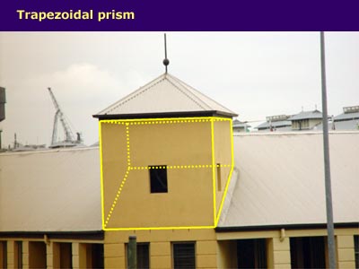 a small tower coming out of a slanted roof, trapezoidal prism shape highlighted