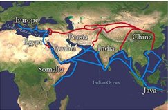 Map showing the Silk Road from China, through India and Persia, and on to Europe