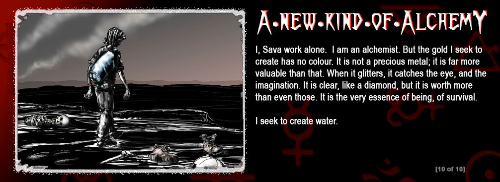 The background is a graduation from red to black. There are religious and alchemist symbols in the background. In the left frame is a boy walking with a backpack in a desolate landscape. screen 10 of 10