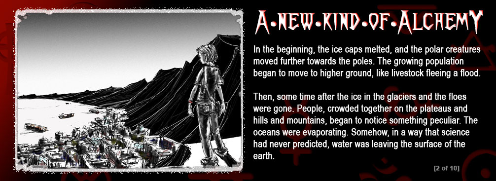 The background is a graduation from red to black. There are religious and alchemist symbols in the background. In the left frame is a graphic of a boy on a hill over looking a village by the sea. screen 2 of 10