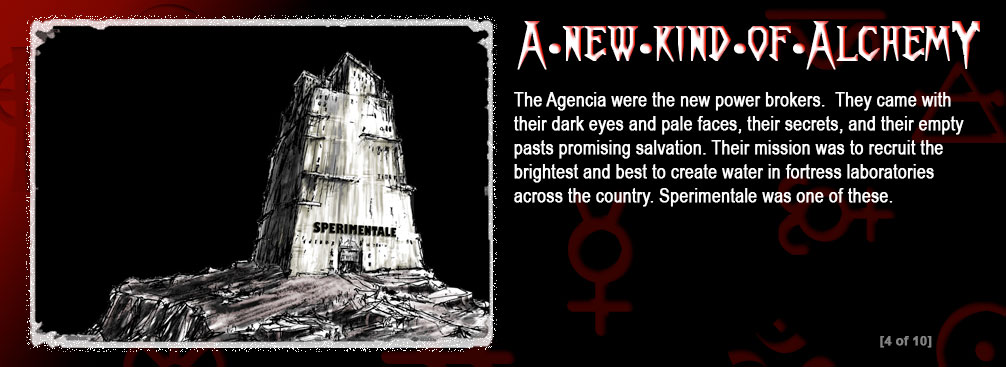 The background is a graduation from red to black. There are religious and alchemist symbols in the background. In the left frame is a graphic of a tower building with the word Sperimentale on the front. screen 4 of 10