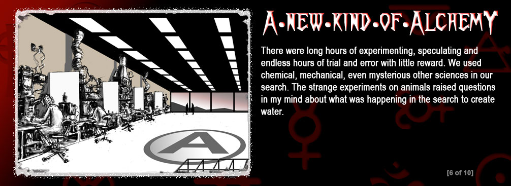 The background is a graduation from red to black. There are religious and alchemist symbols in the background. In the left frame a laboratory with boys working at benches. screen 6 of 10