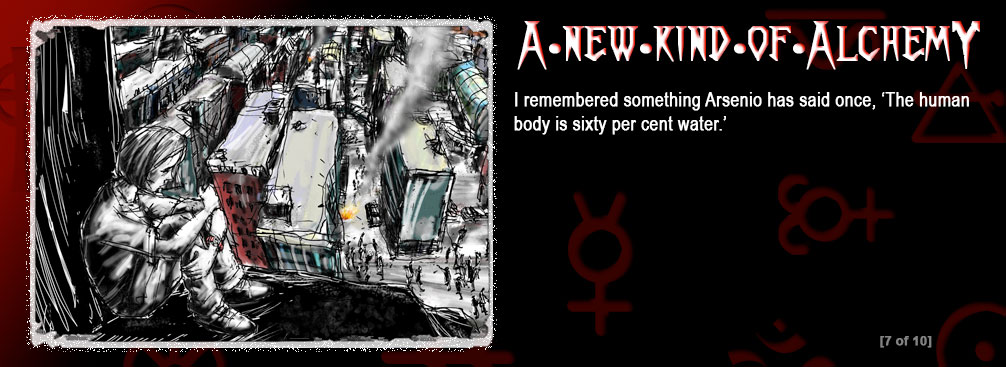 The background is a graduation from red to black. There are religious and alchemist symbols in the background. In the left frame is a graphic of a boy sitting overlooking a derelict cityscape. screen 7 of 10