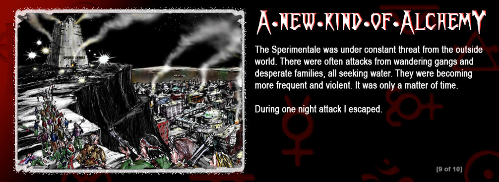 The background is a graduation from red to black. There are religious and alchemist symbols in the background. In the left frame is a graphic of a burning building and cityscape. screen 9 of 10