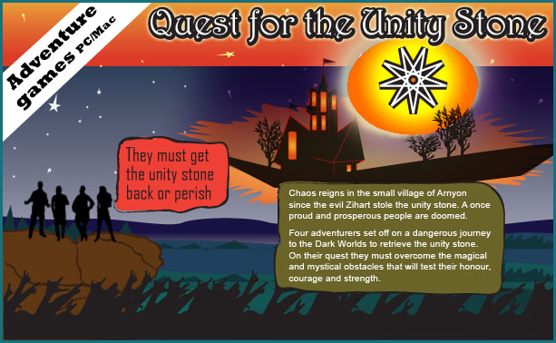 Cover of a computer game, Quest for the Unity Stone. Four small figures in the right foreground looking into the dark sky. A yellow star is in the sky. A description of the game is in a box. The description of the game is, Chaos reigns in the small village of Arnyon since the evil Zihart stole the unity stone. A once proud and prosperous people are doomed. Four adventurers set off on a dangerous journey to the Dark Worlds to retrieve the unity stone. On their quest they have to overcome the magical and mystical obstacles that will test their honour, courage and strength. A small box says; They must get the unity stone back or perish.