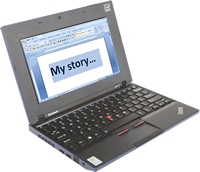 An image of a laptop displaying, "My story...' as a title.