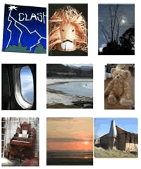 Image of several photos of scenery, such as a beach and sunset and everyday items such as a teddy bear and mask.