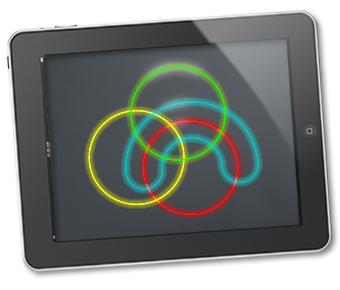 An tablet device displays a complex Venn diagram involving 3 attributes.
