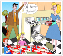 Illustration depicting a family stereotype: a man arriving home to his wife who is getting food out of the oven. Their son and daughter are sitting at the table ready to eat.