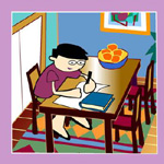 Cartoon of a student writing at a desk