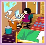 Cartoon of student writing on a laptop
