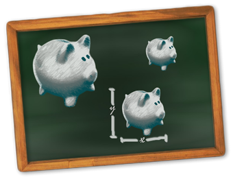 Chalk board with chalk drawings of three pink piggy banks - small, medium and large. X and Y dimensions surrond the medium sized pig.