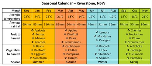 Example of a seasonal calendar showing the seasons, the months, average rainfall and temperature as well as some fruits and vegetables that can be harvested during the different seasons.