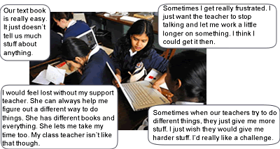 Photo of girls engaged in the classroom with captions showing what they are thinking. Text version of captions listed below.