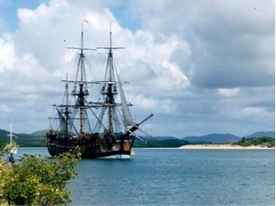 The HM Bark Endeavour replica at Cooktown Harbour