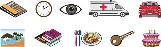 Pictograms of a phone, clock,an eye, an ambulance, a car, a beach, some books, food, a key and a cake that might be used to help people who do not speak English well to communicate their needs.