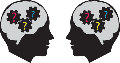 Two heads facing each other with question marks inside the brain to suggest thinking