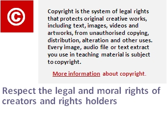 Copyright is the system of legal rights that protects original creative works, including text, images, videos and artworks, from unauthorised copying, distribution, alteration and other uses. Every image, audio file or text extract you use in teaching material is subject to copyright. Link to more information about copyright