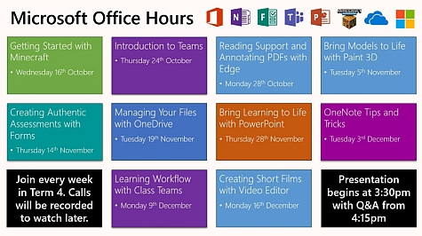 The Term 4 schedule for MS Office Hours webinars