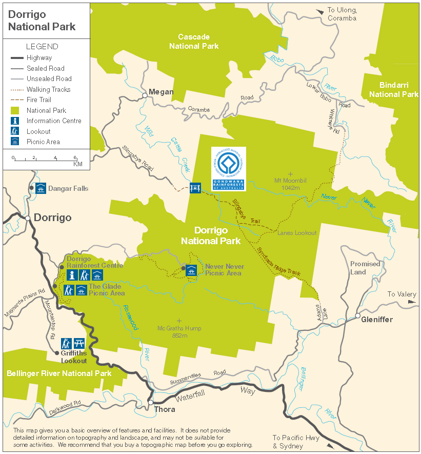 Map locating the Dorrigo National Park between Corrigo, Thora, Gleniffer, Ulong and Leigh